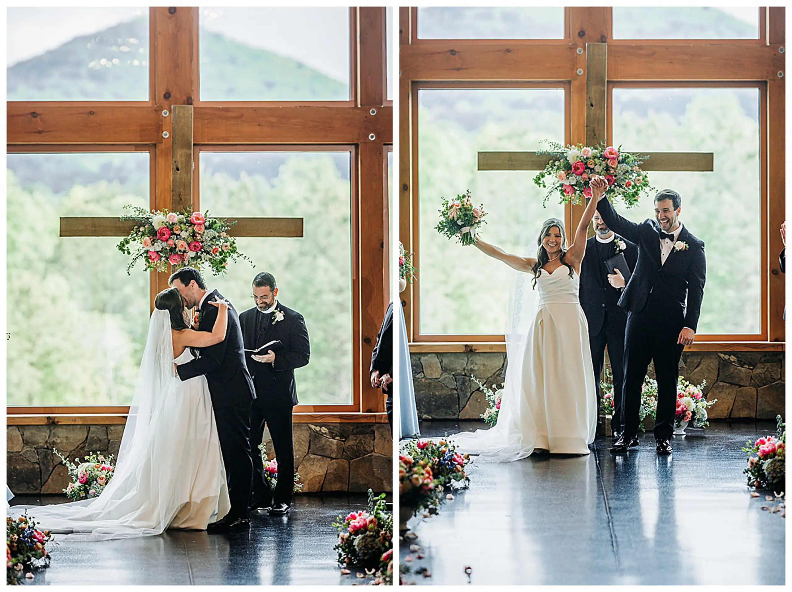 Wedding Ceremony: the first kiss, and the walk out with hands raised, in a set, at their wedding at The Venue at Sharp Mountain in Jasper, GA