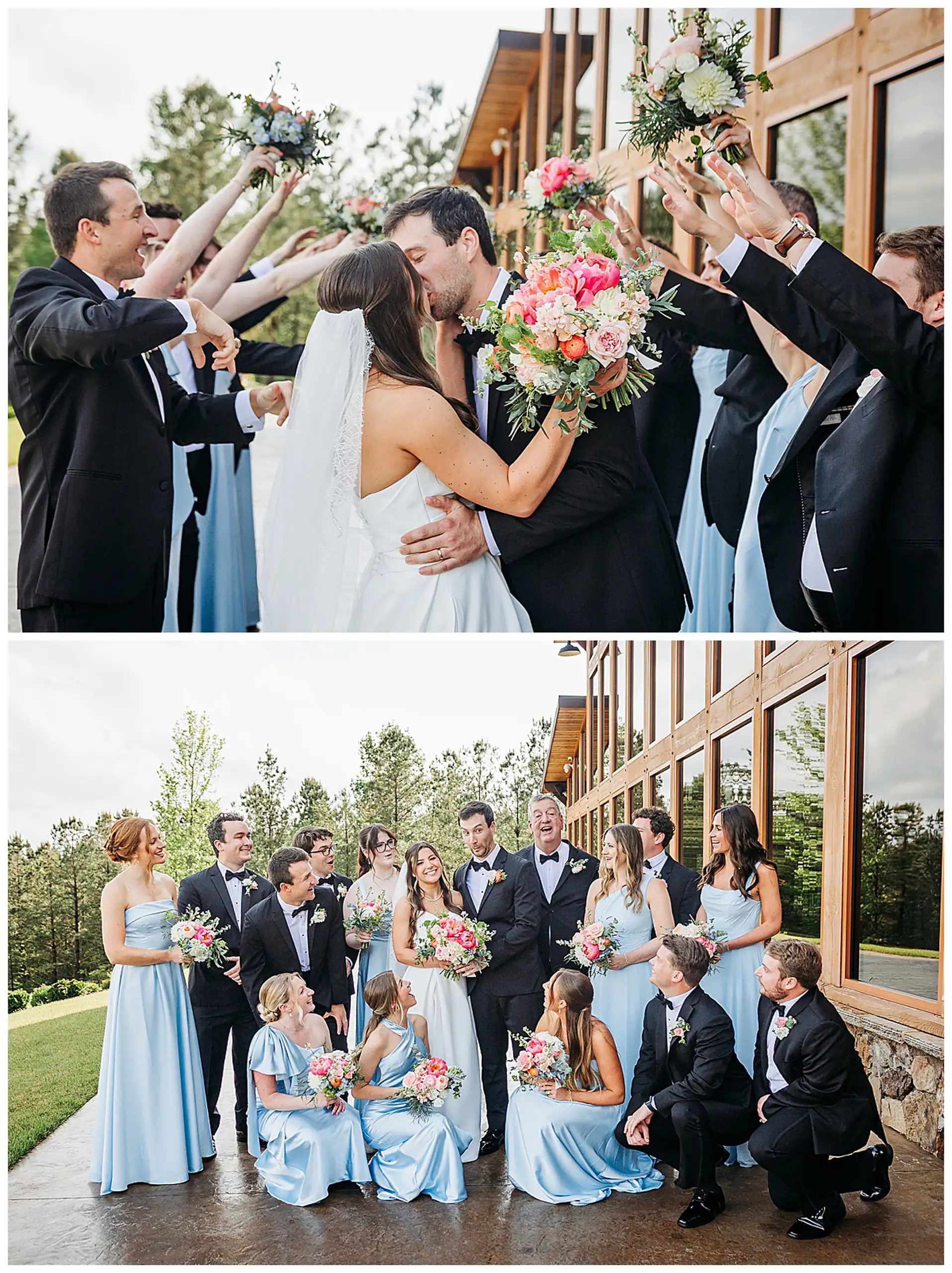 Wedding Party: the party cheering them through, in a set, at their wedding at The Venue at Sharp Mountain in Jasper, GA