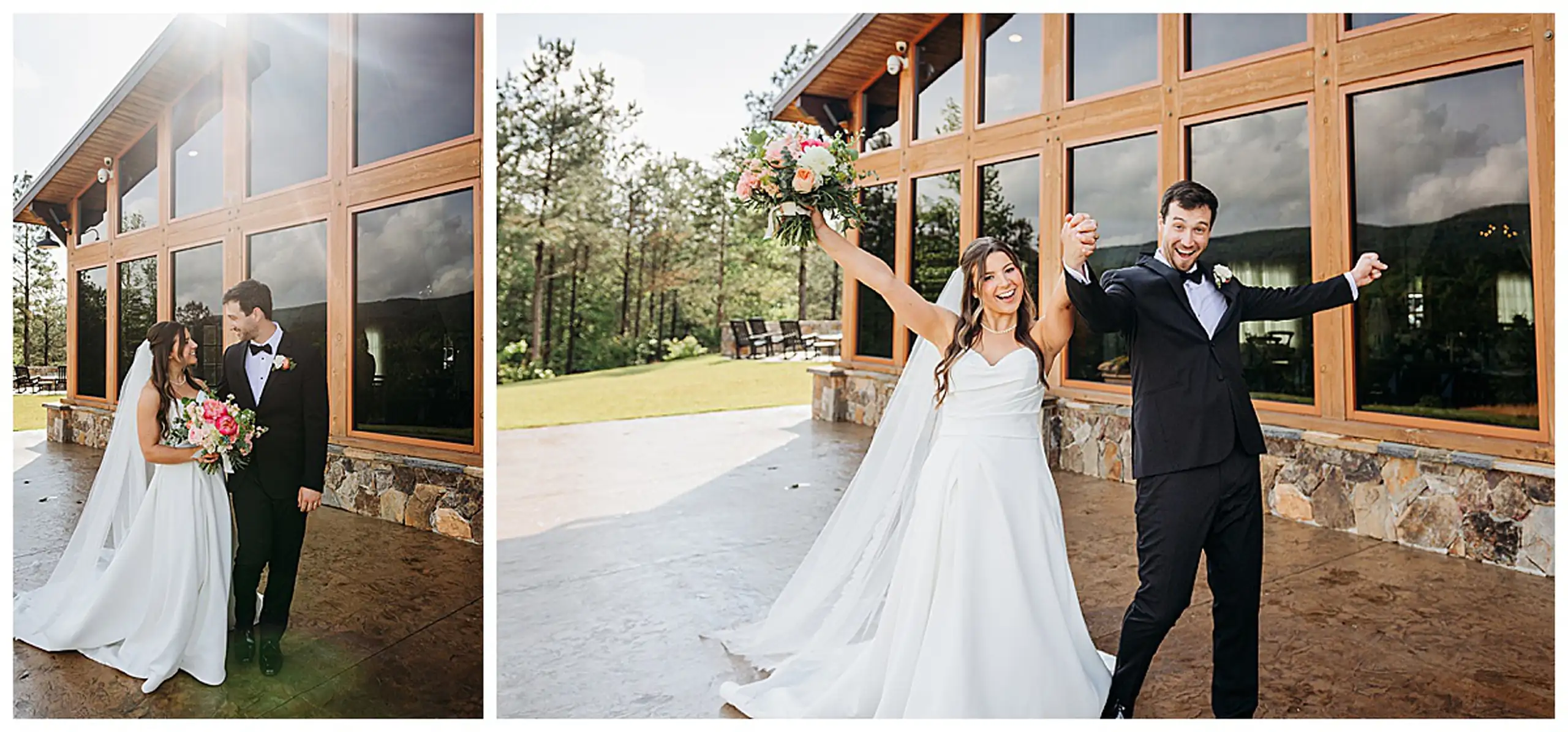 Wedding Formals: the couple outside the glass wall, both arms up, in a set, at their wedding at The Venue at Sharp Mountain in Jasper, GA
