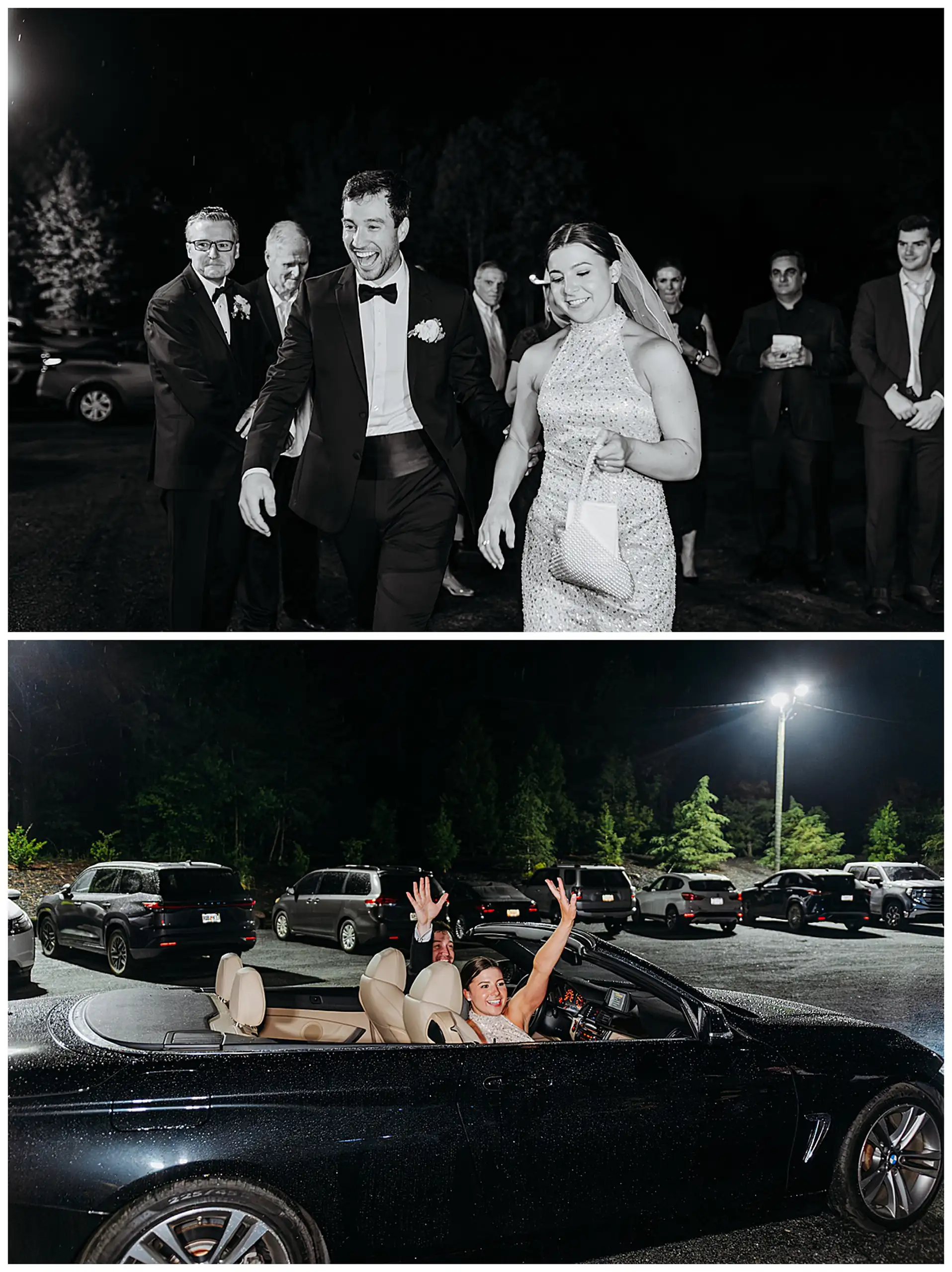 Send-Off: the walk out, and the convertible waiting with its top down, in a set, at their wedding at The Venue at Sharp Mountain in Jasper, GA