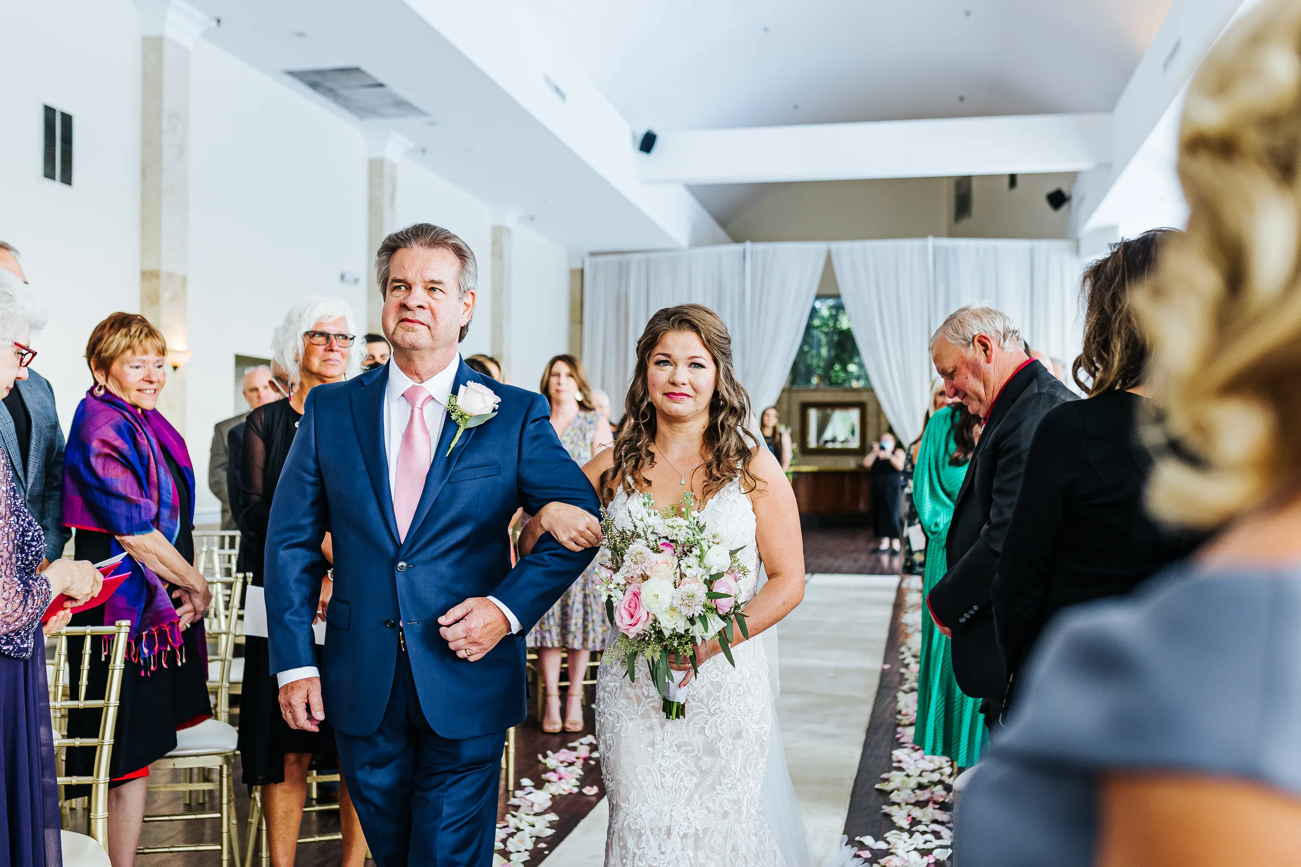 Wedding Ceremony: her dad walking her down the aisle, at their wedding at The Piedmont Room in Atlanta, GA