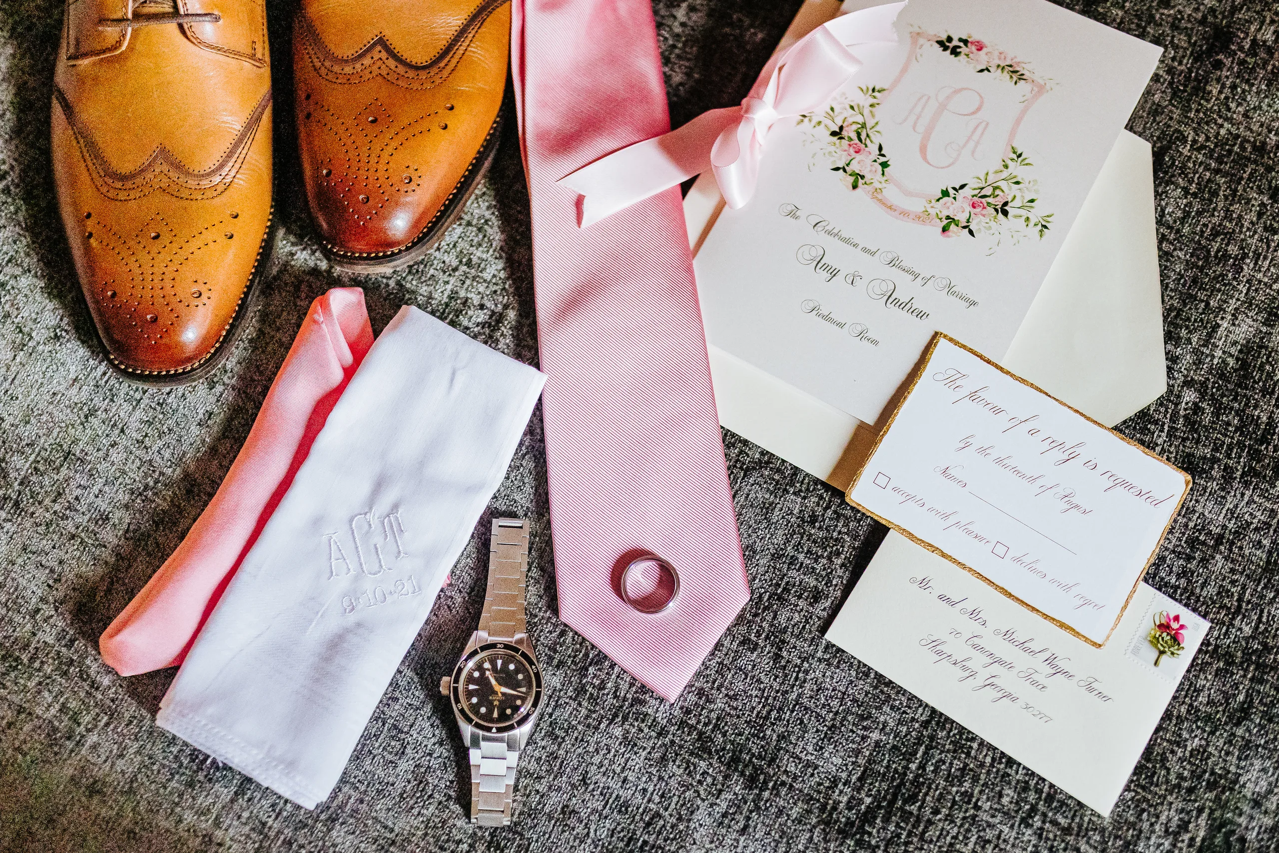 Wedding Details: his brogues, pink tie, watch and ring with the invitation suite, at a wedding at The Piedmont Room in Atlanta, GA