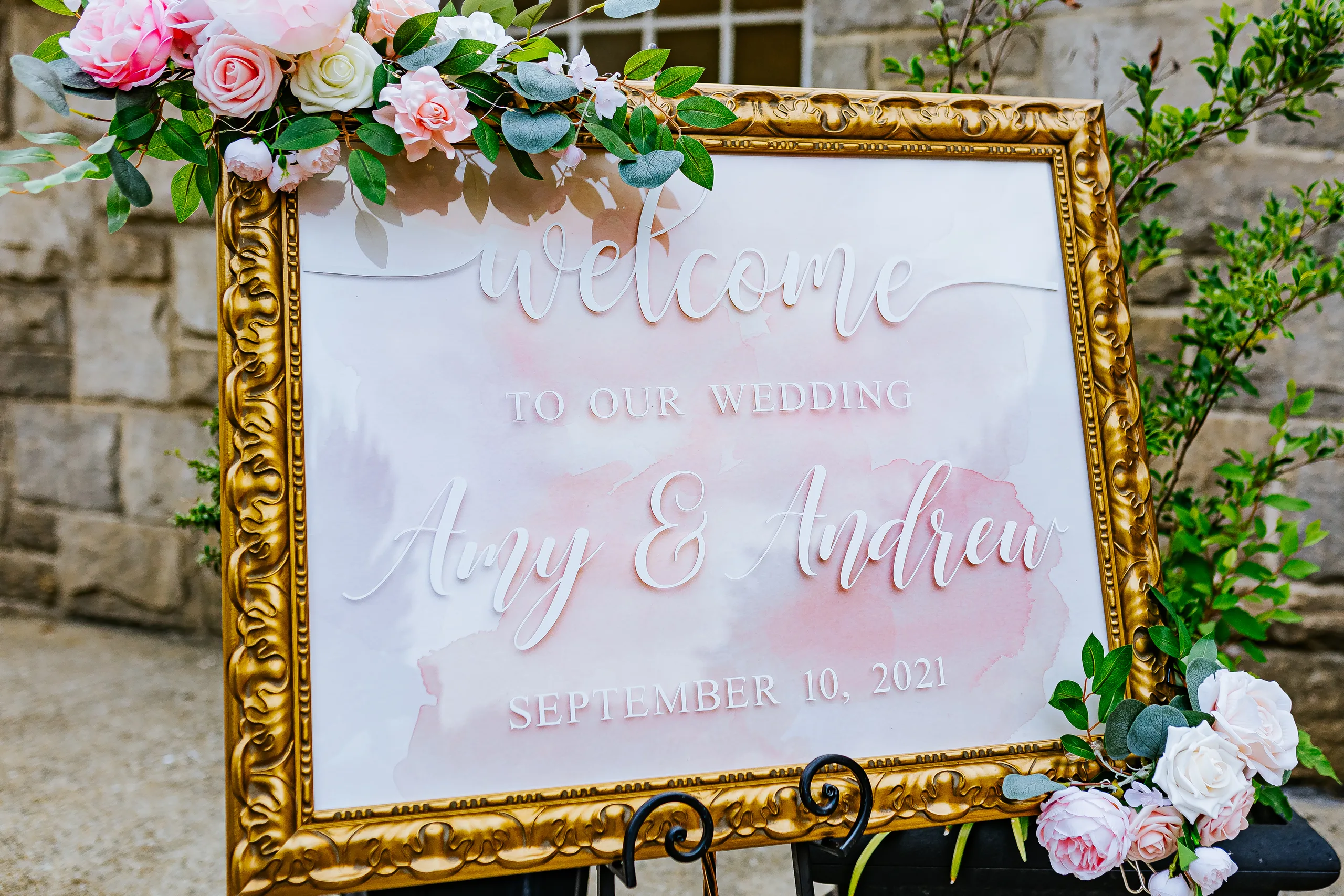 Wedding Details: the gold welcome sign with their names and date, at a wedding at The Piedmont Room in Atlanta, GA
