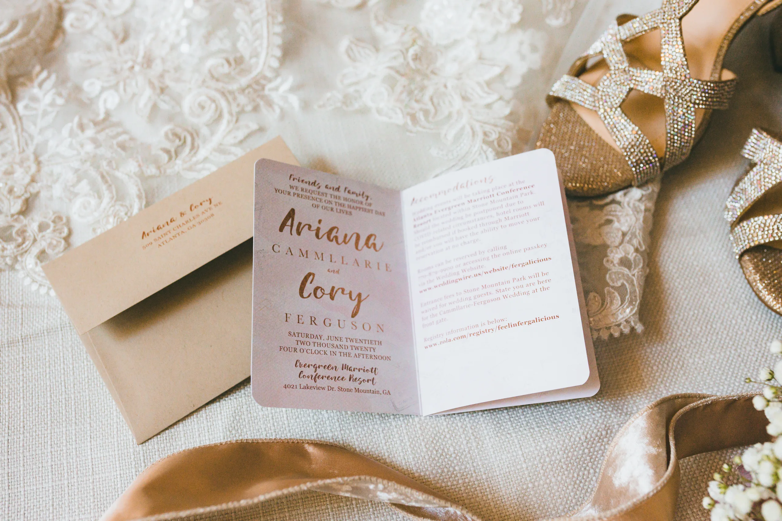 Wedding Details: their rose gold wedding invitation with the envelope and her heels, at a wedding at Atlanta Evergreen Lakeside Resort in Stone Mountain, GA