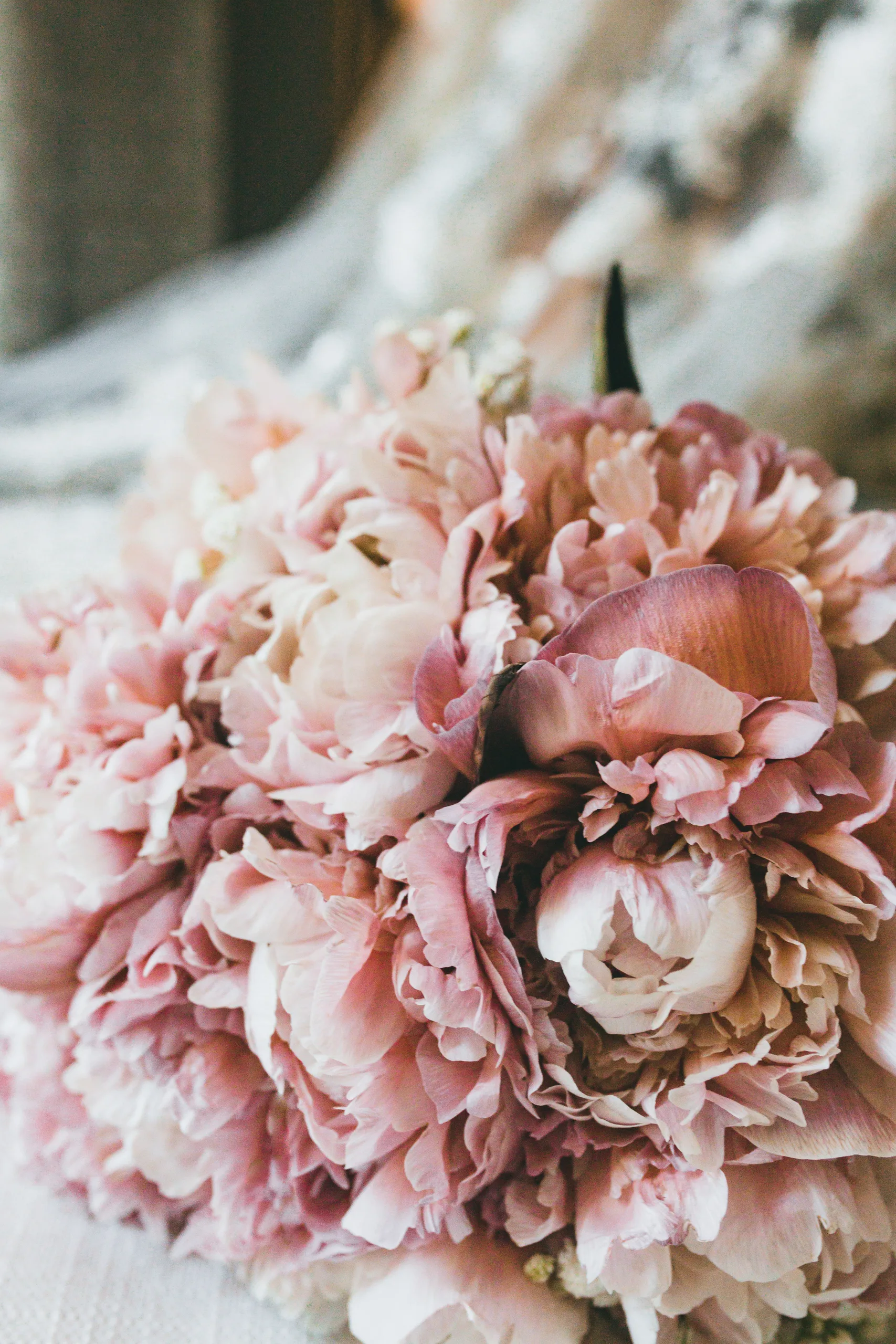 Wedding Florals: her bouquet of blush peonies, at a wedding at Atlanta Evergreen Lakeside Resort in Stone Mountain, GA