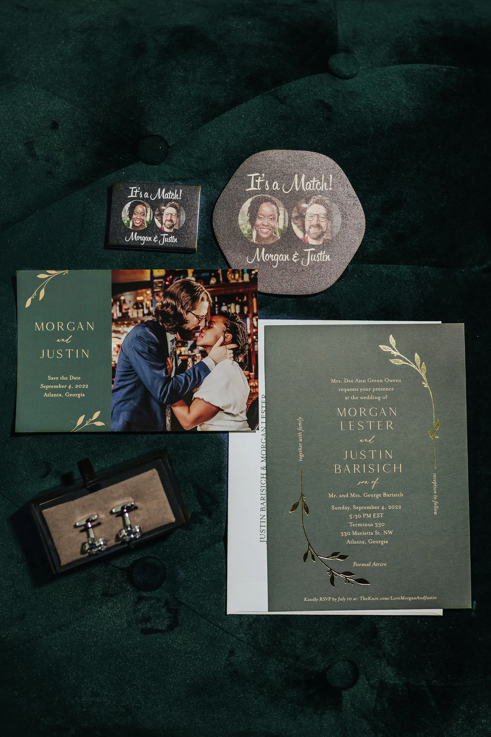 Wedding Details: their green and gold save the date, invitation, It's a Match coasters and cufflinks, at a wedding at Terminus 330 in Atlanta, GA