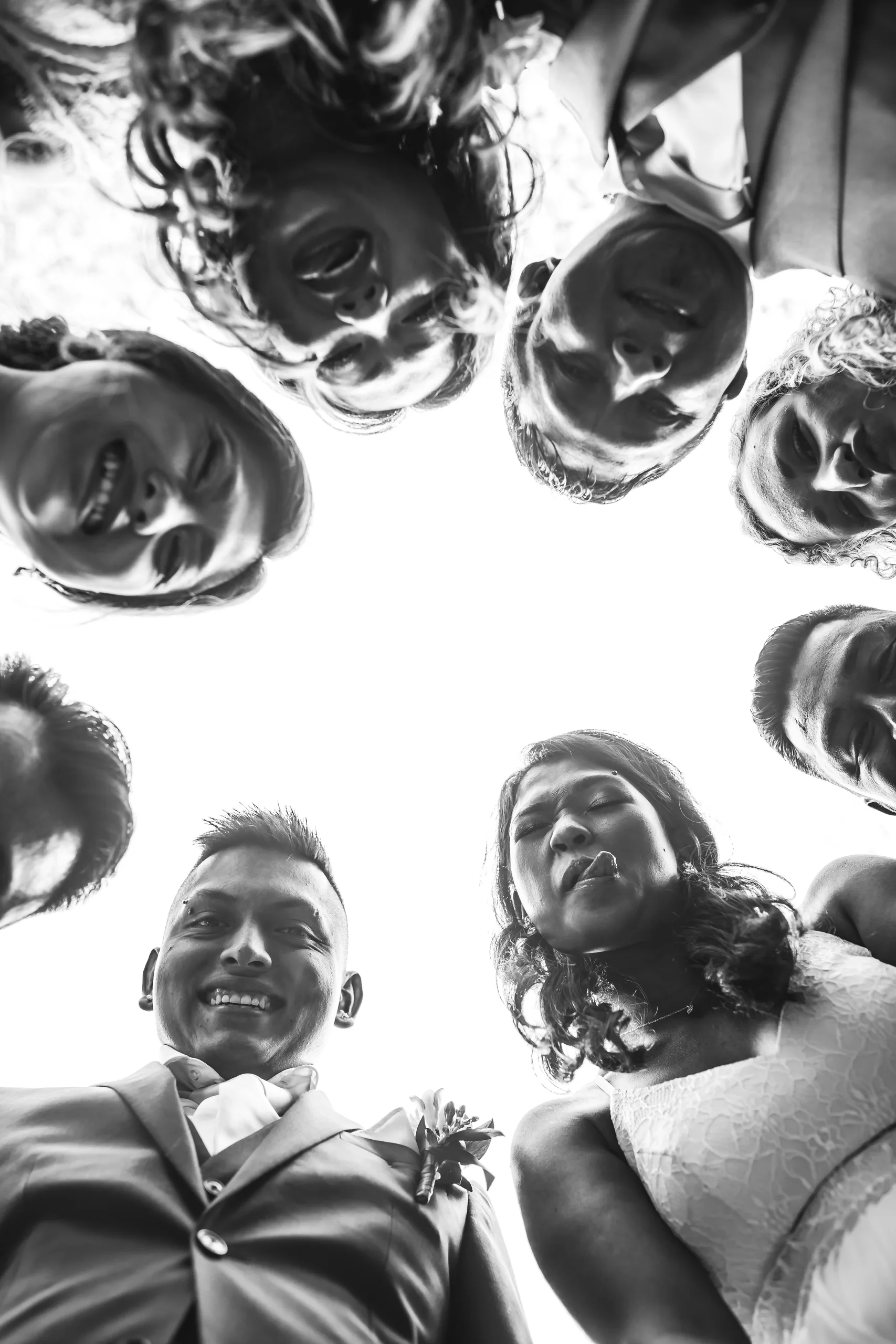 Wedding Party: the wedding party looking down from above, in black and white at their wedding at the Payne-Corley House in Duluth, GA