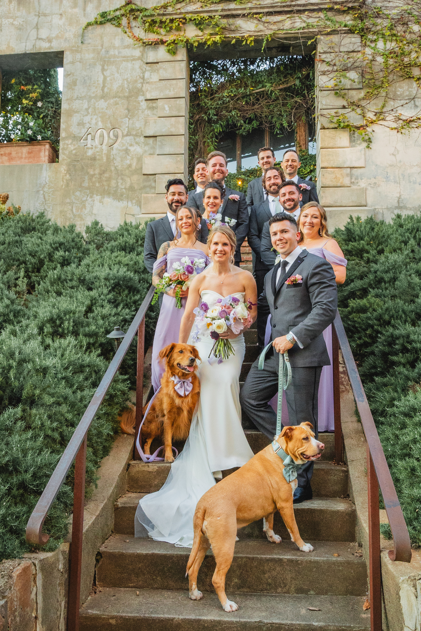 Wedding Party: the whole party on the 409 steps with their golden retriever and their pit bull in bow ties, at their wedding at Summerour Studio in Atlanta, GA