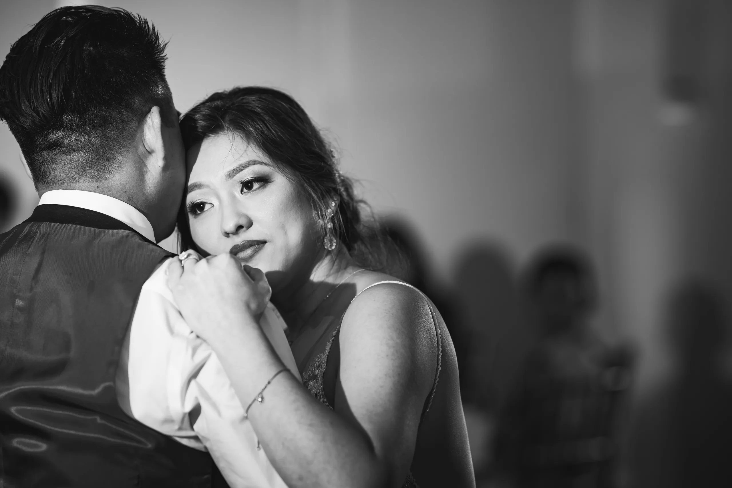 First Dance: a quiet moment during their first dance, in black and white at their wedding at the Payne-Corley House in Duluth, GA