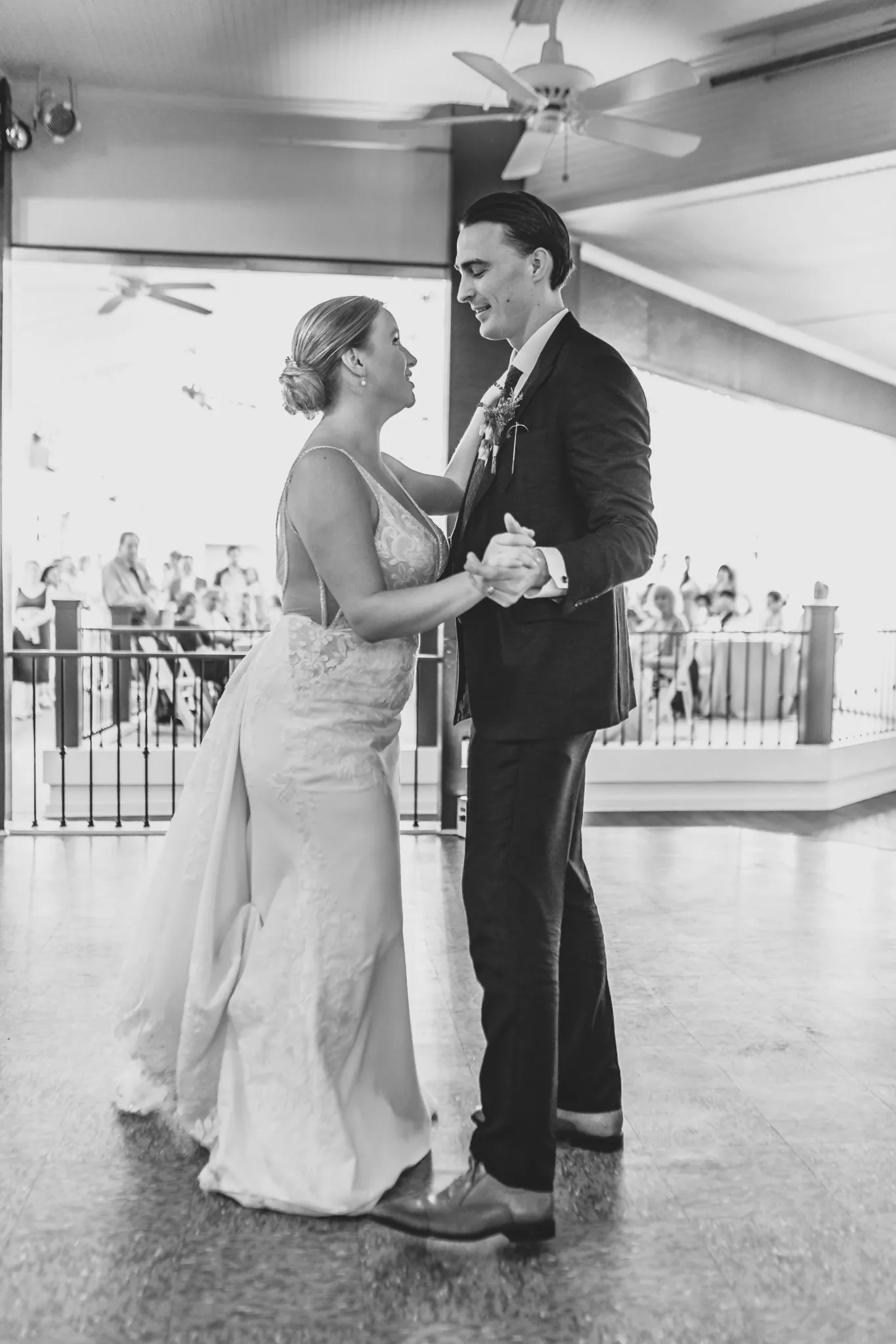 First Dance: their first dance, in black and white, at their wedding at The Wildflower 301 in Greensboro, GA