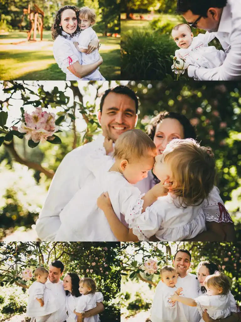 Spring family portrait session among blossoming trees at Smith-Gilbert Gardens in Kennesaw, Georgia